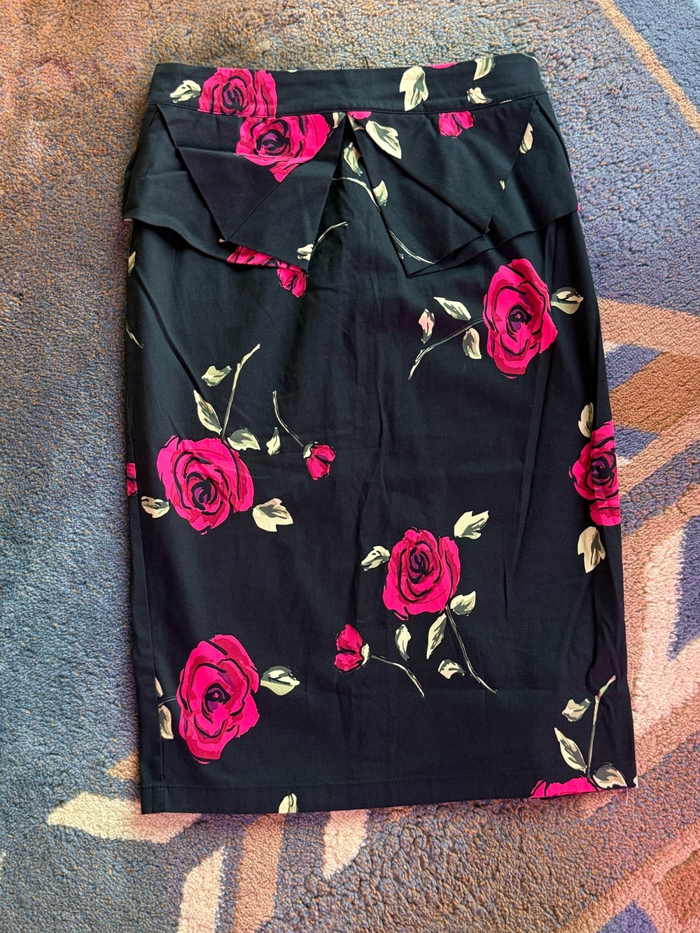 Black Pencil Skirt with Pink Rose Print & Peplum Detail (S)